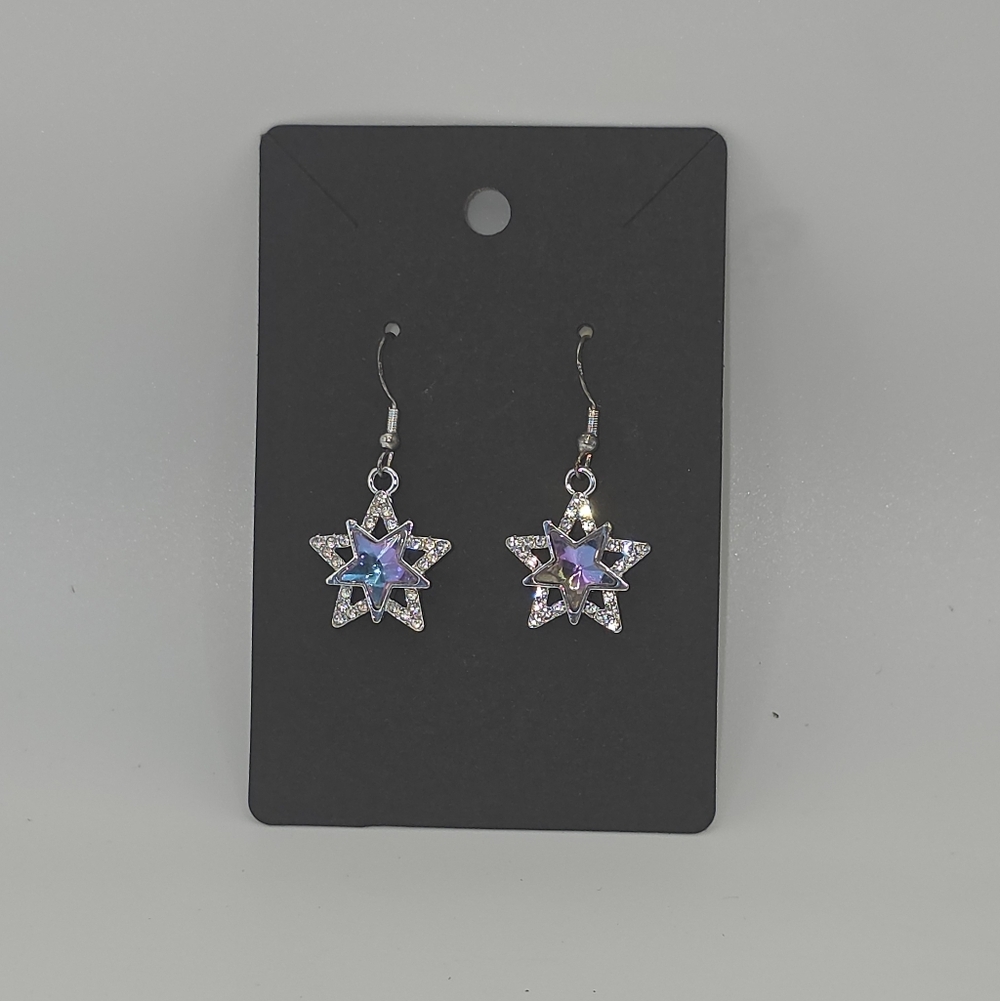 Pink Purple Blue Reflecting Silver Star Rhinestone Earrings‎ HypoAllergenic